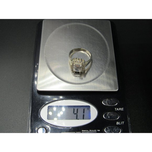 Size 7.75 Sterling Silver Tarnished Face Emerald Cut CZ Halo Band Ring - Picture 9 of 9